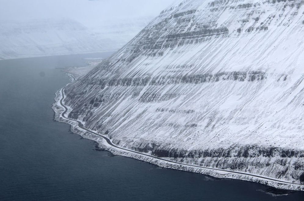 Roads in the West Fjords are covered in snow.