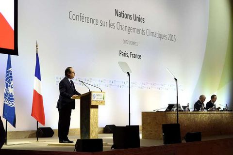 The French President delivering a speech on the first day of COP 21.