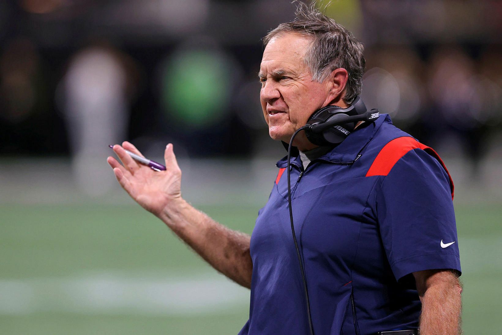 Bill Belichick, þjálfari New England Patriots, var ekki sáttur við …