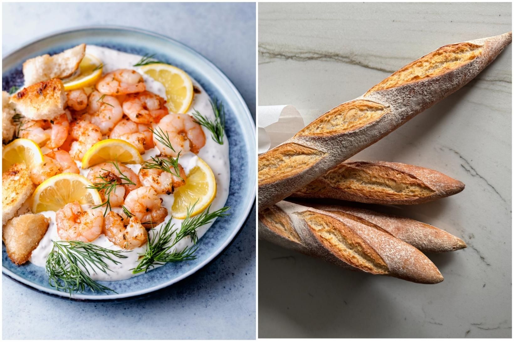 Miðsumarsrækjur í kremaðri sósu, með fersku dilli og ristuðu baguette …