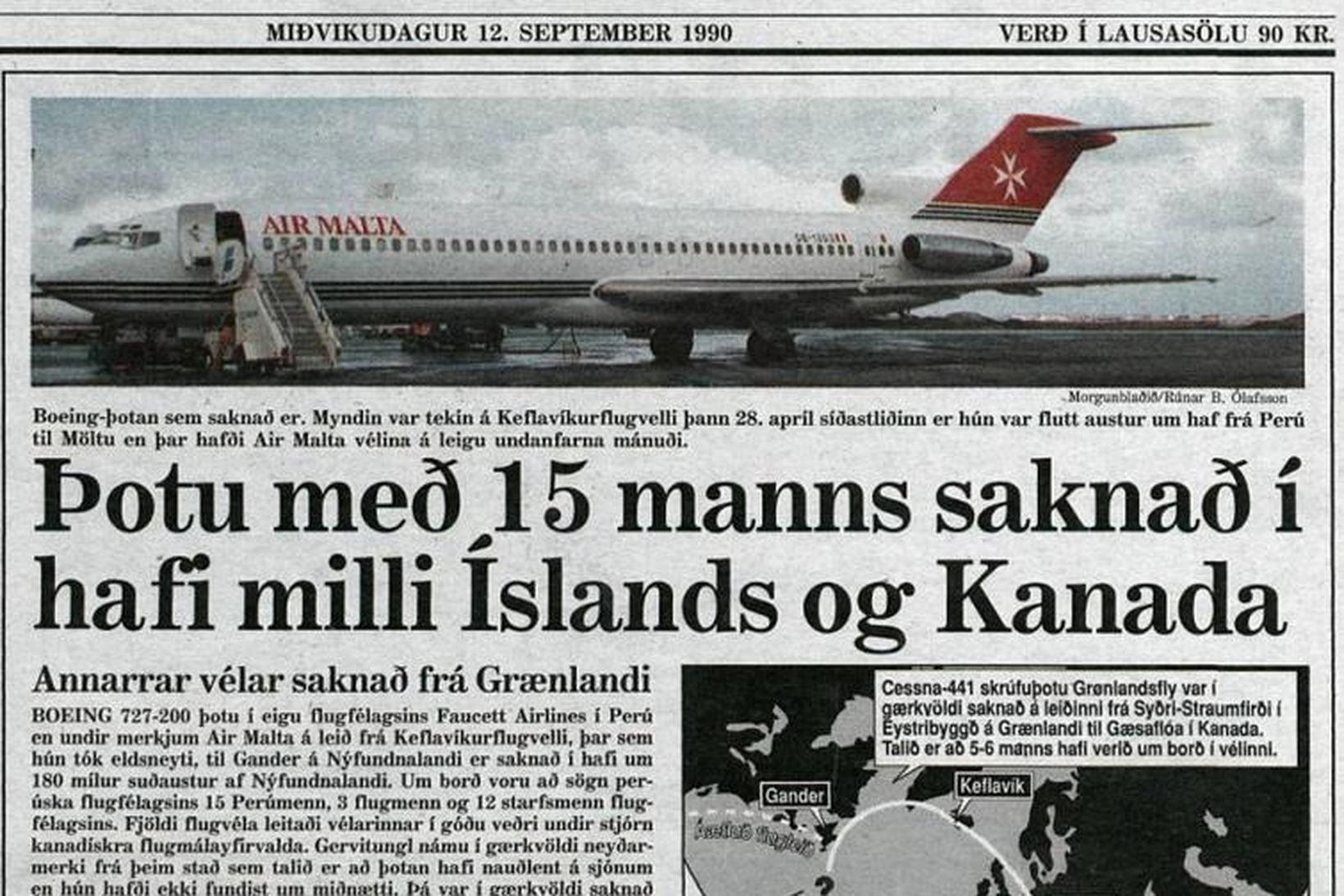 Baksíða Morgunblaðsins 12. september árið 1990.