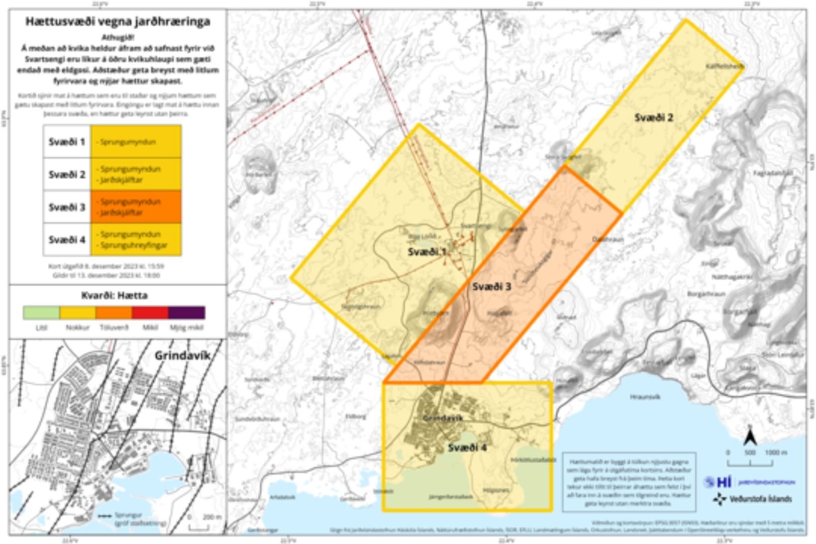 Nýtt hættumatskort fyrir Grindavík var gefið út í dag.