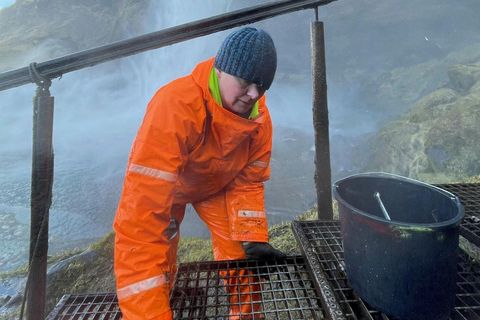 The iron staircase that leads to the dome behind Seljalandsfoss waterfall is being repared.