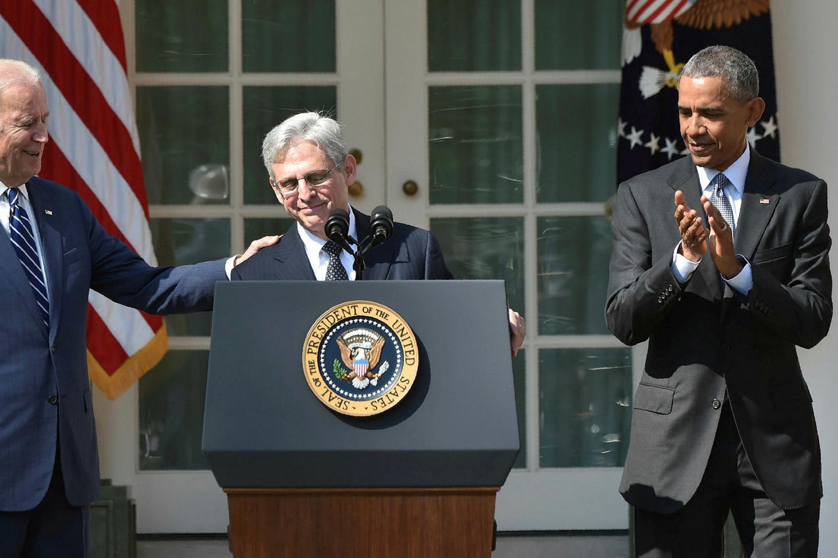 Joe Biden, Merrick Garland og Barack Obama árið 2016 þegar …