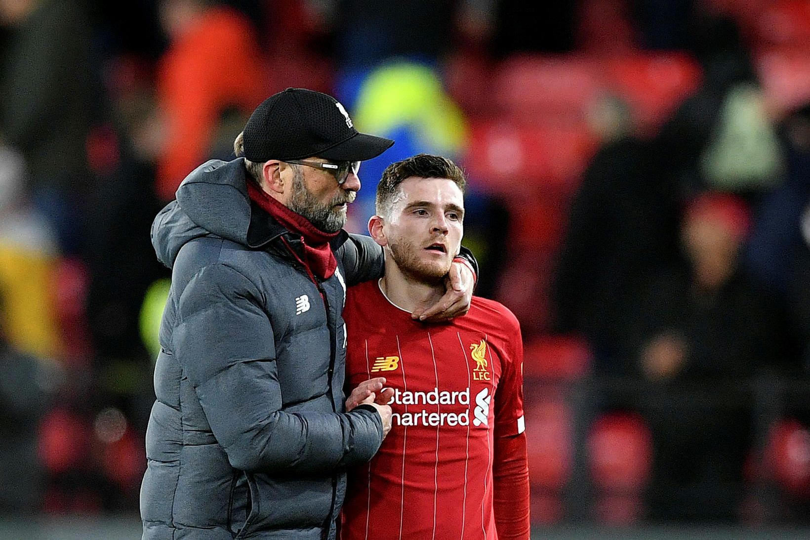 Jürgen Klopp ásamt Andy Robertson á góðri stundu.