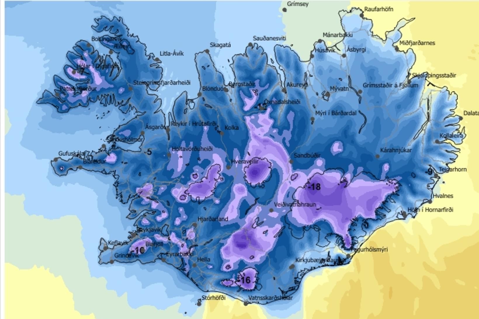 Hitaspá á landinu klukkan 12 á hádegi.