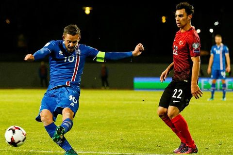 Gylfi Þór Sigurðsson playing for Iceland against Turkey on Sunday.