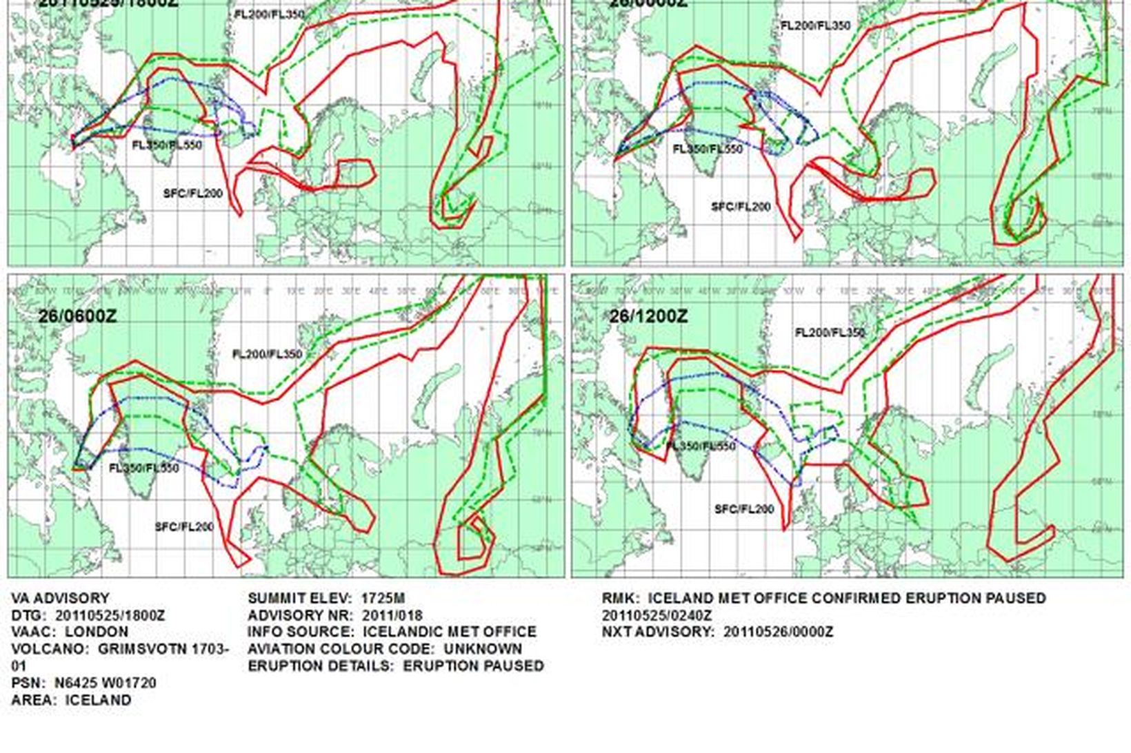 Öskudreifingarspá Metoffice sem gildir til hádegis á morgun, ramminn neðst …