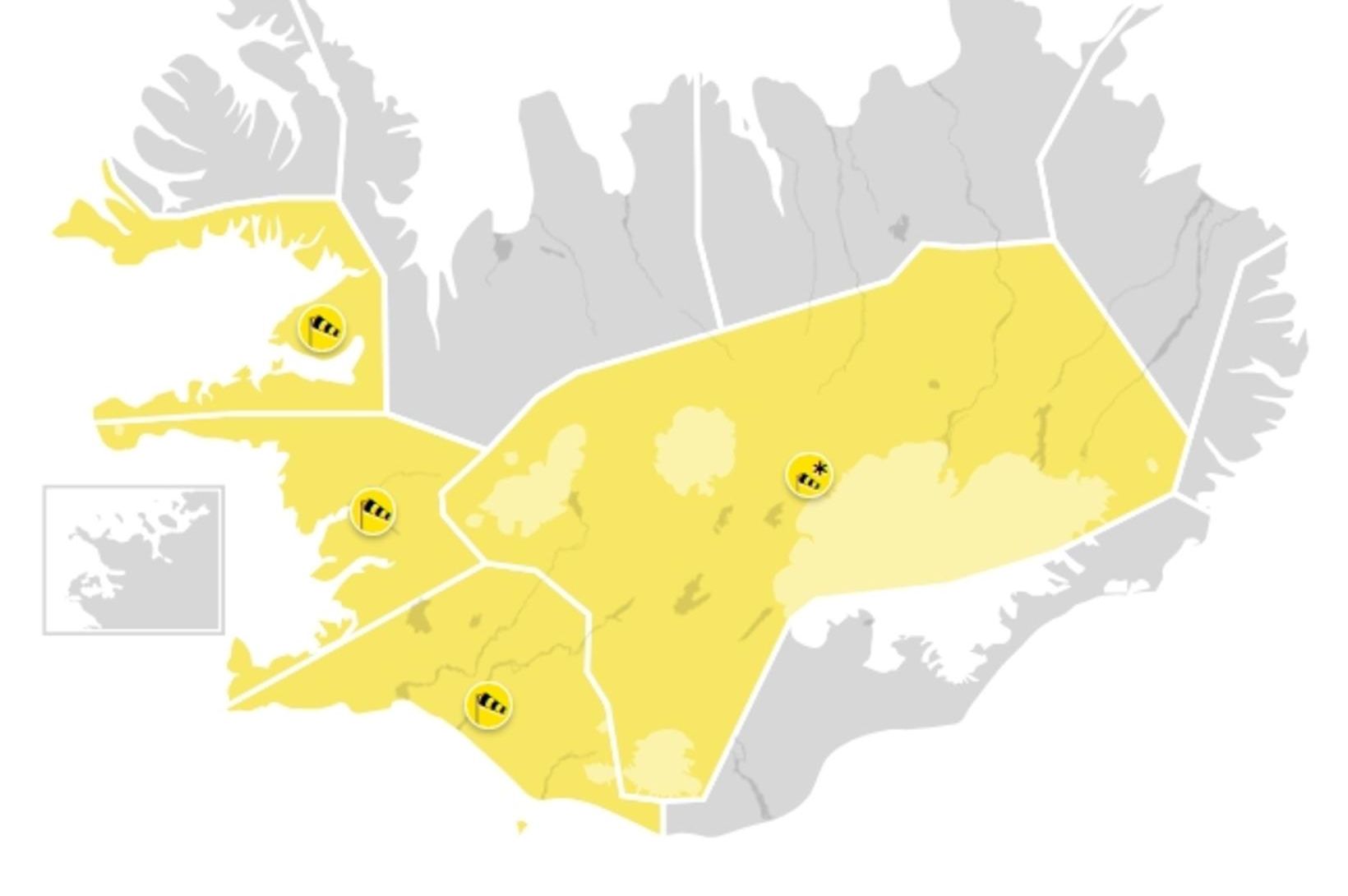 Gular veðurviðvaranir vegna hvassviðris