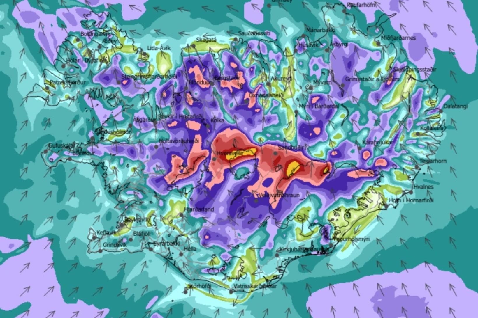 Vindaspáin á landinu klukkan 7 í dag.