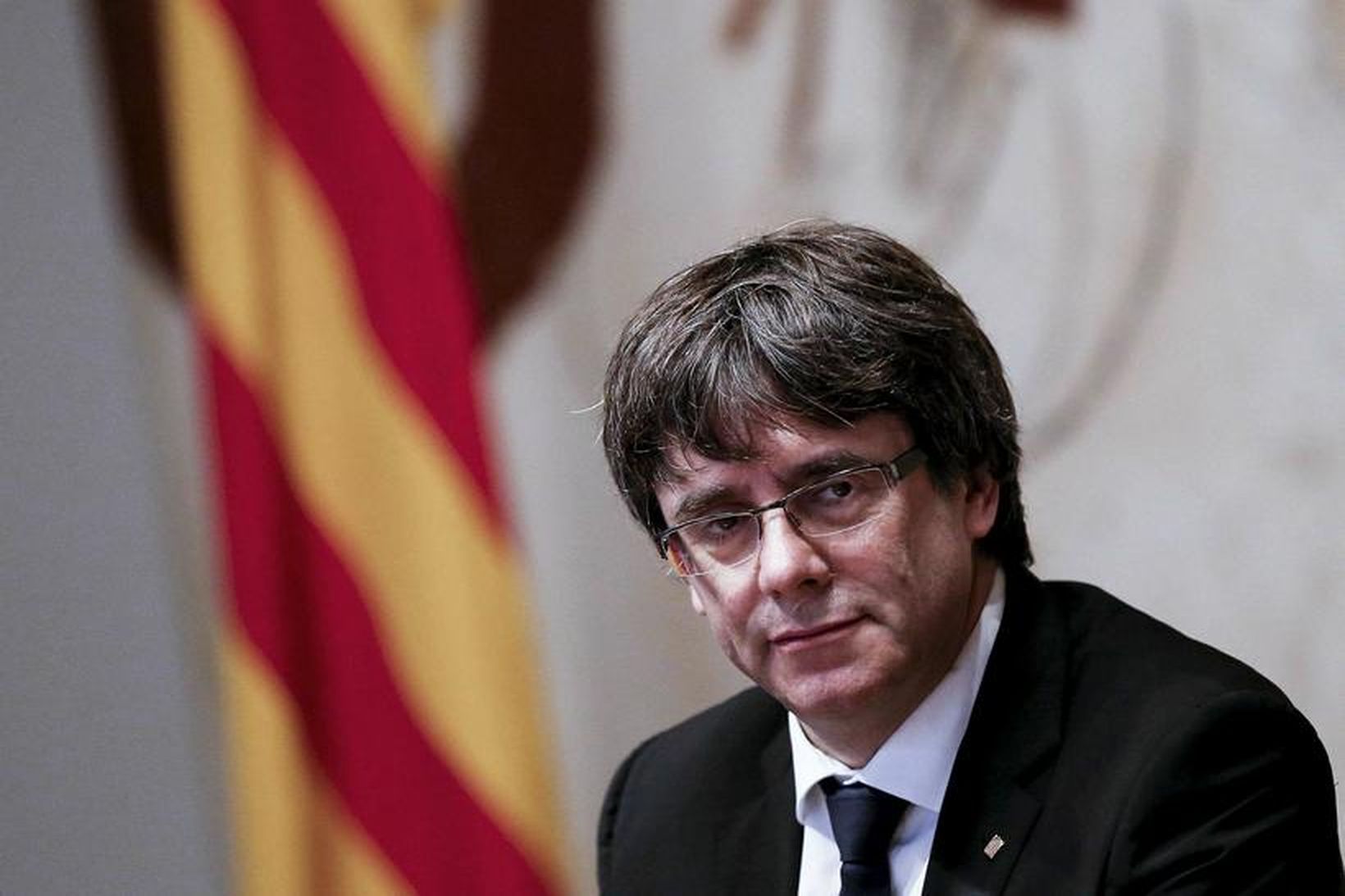 Carles Puigdemont, forseti Katalóníu, á fundi í morgun.