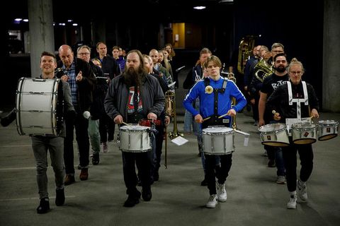 The Workers' Brass Band, practicing at Höfðatorg parking garage Monday night.