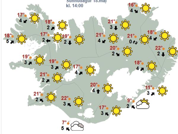 Weather forecast map at 2 PM on Sunday.