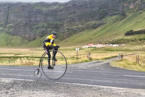 The Czech Ivan Burkert on his unusual mount, cycling across countries to support children with cancer.