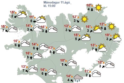 Veðurkort Veðurstofu Íslands klukkan 15 í dag.