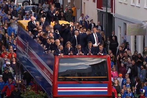 The Icelandic nation is about to burst with pride. Here you can see the national football team arriving in downtown Reykjavik.