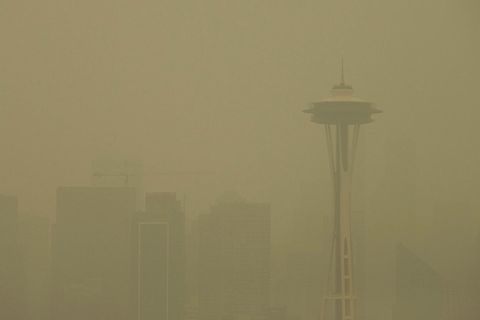 The Space Needle in Seattle, Washington, obscured by smoke from wildfires.