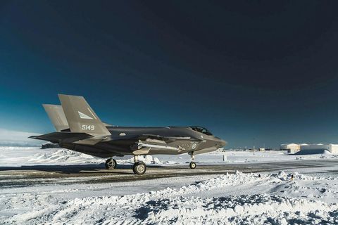 A Lockheed Martin F-35  combat aircraft from the Norwegian Armed Forces at Keflavík Airport.
