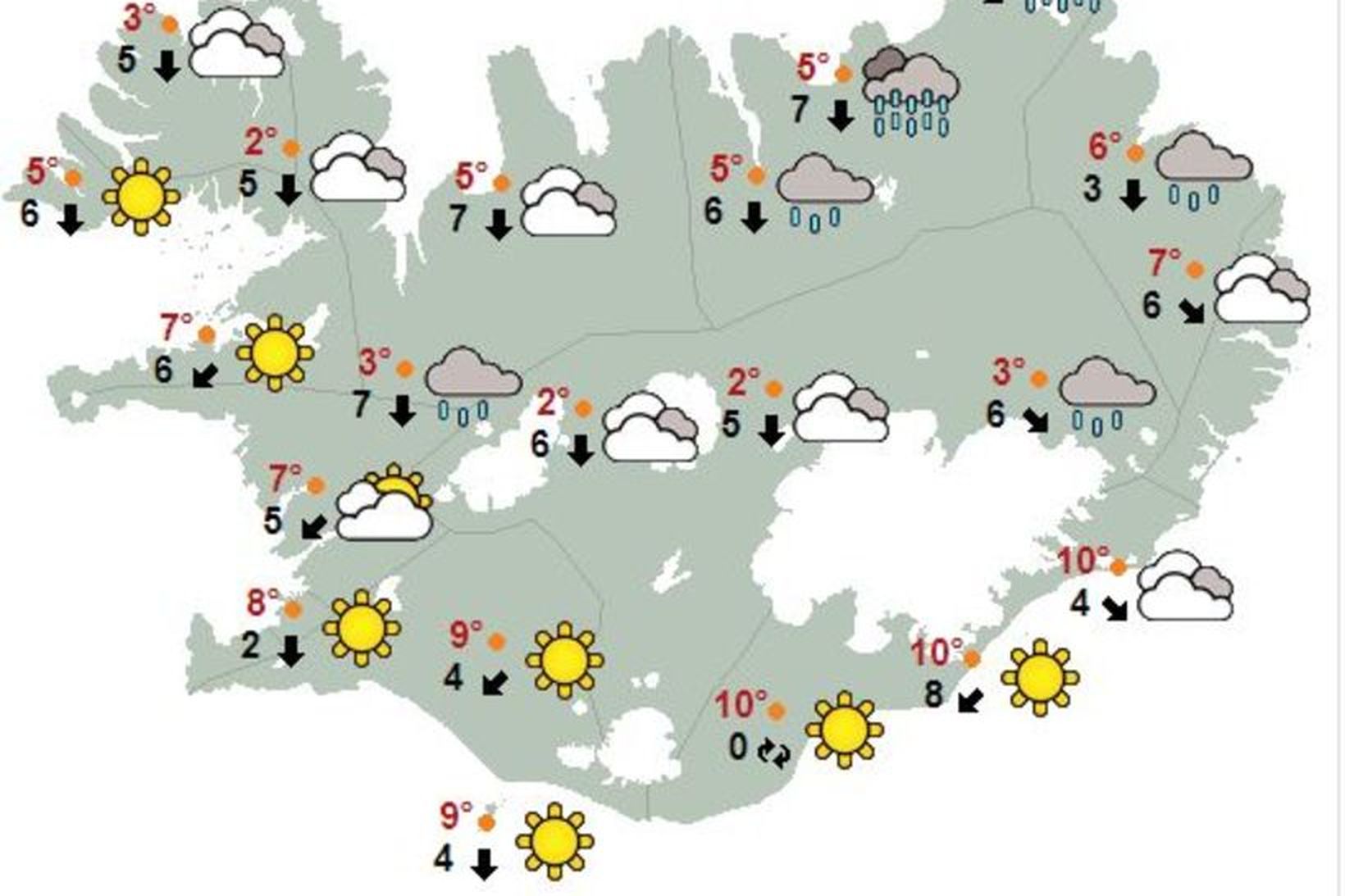 Veðrið á hádegi í dag, föstudag.