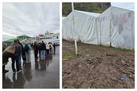 Þjóðhátíðargestir bíða þess að komast um borð í Herjólf eftir blauta nótt í Herjólfsdal.