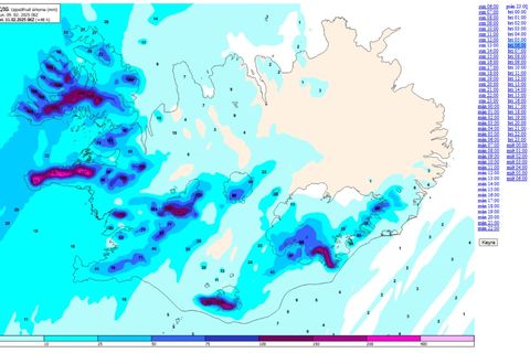 Uppsöfnuð úrkoma á næstu 48 klukkustundum.