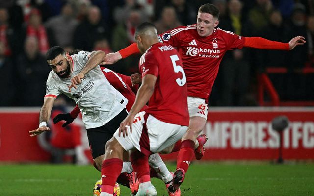 Mohamed Salah og Murillo eigast við í leik Liverpool og Nottingham Forest um þarsíðustu helgi.