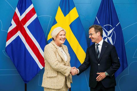 Halla Tómasdóttir and Ulf Kristersson shake hands at the start of the meeting.