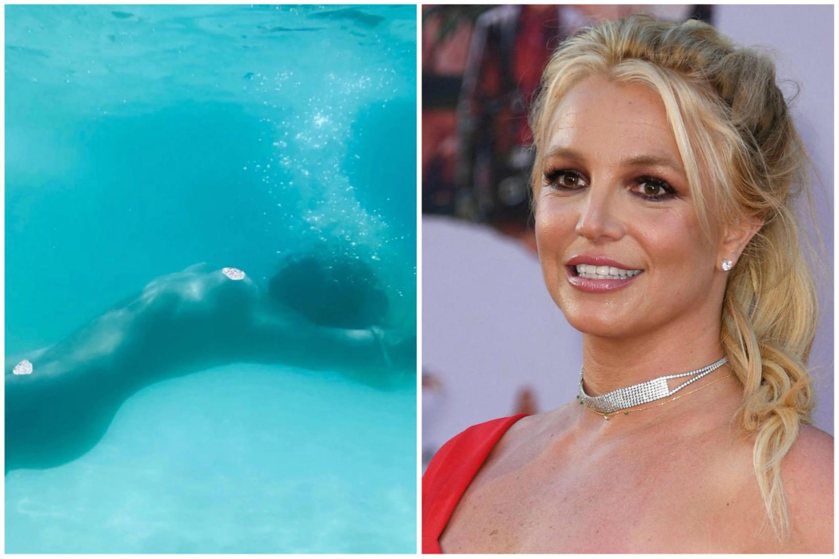 Britney Spears birti mynd af sér synda nakinni í sundlaug.