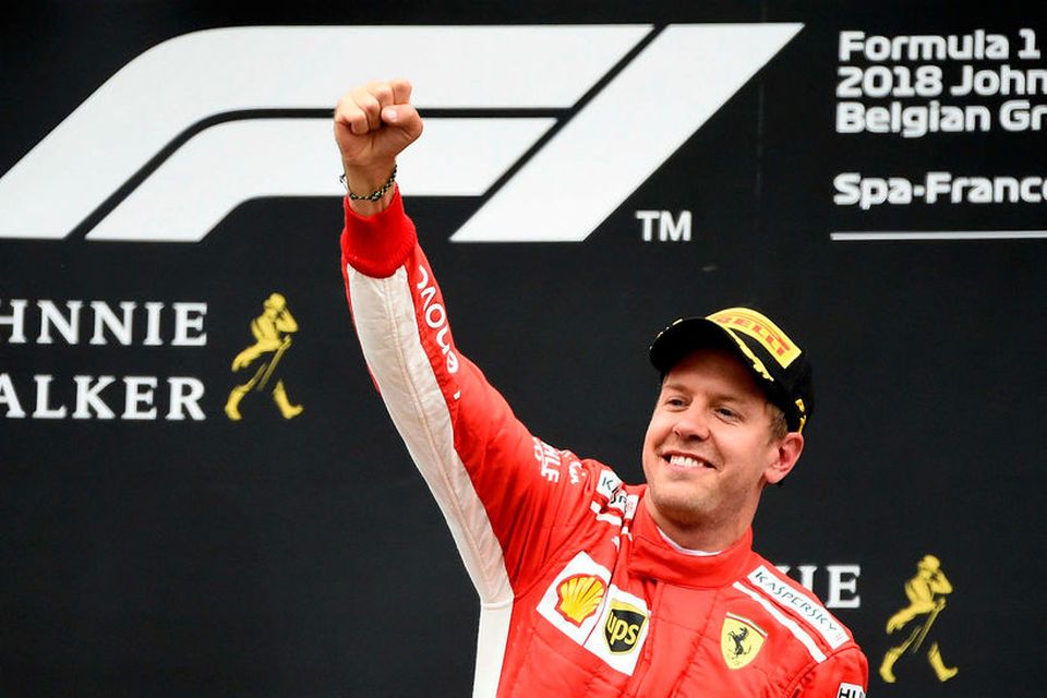 Sebastian Vettel hrósar sigri í Spa-Francorchamps síðastliðinn sunnudag.