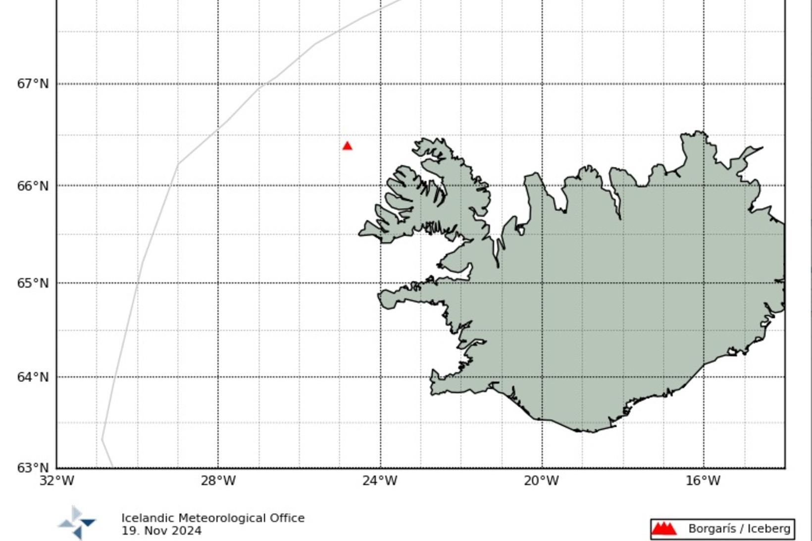 Borgarísjakinn er rauðmerktur á kortinu.