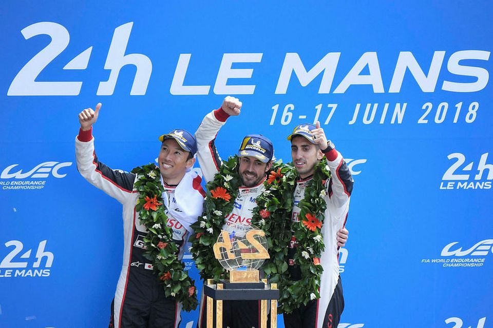 Sigurtríó Toyota í Le Mans (f.v.) : Kazuki Nakajima Fernando Alonso og Sebastien Buemi.