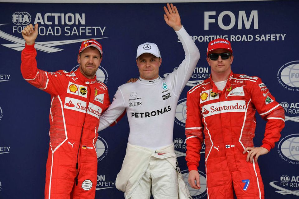Fyrstu þrír í tímatökunni í Sao Paulo, (f.v.) Sebastian Vettel, Valtteri Bottas og Kimi Räikkönen.