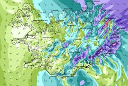 Svona lítur vindaspáin út kl. 16 á morgun. Viðvörun hefur verið gefin út á Austurlandi.