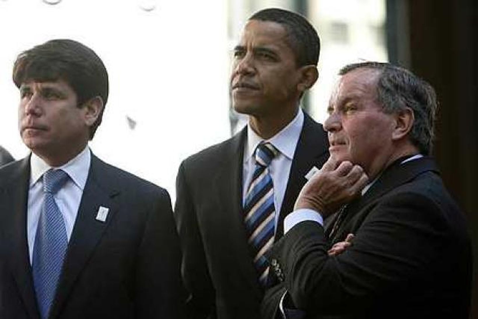 Rod Blagojevich, Obama and Daley, borgarstjóri Chicago, á konsingafundi fyrr …