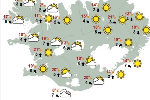 Kort Veðurstofu Íslands klukkan 15 í dag.