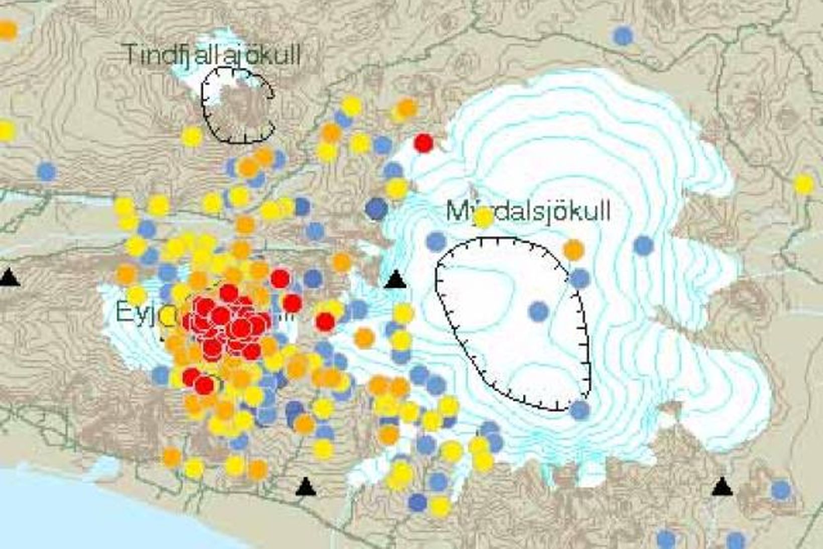 Mikill fjöldi jarðskjálfta hefur orðið í Eyjafjallajökli eins og þetta …