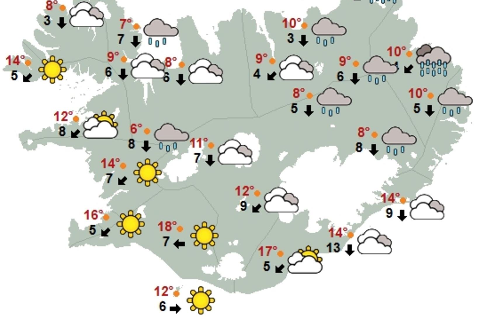 Hitinn gæti náð 20 stigum sunnan heiða í sólinni