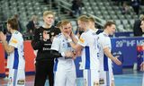 Viktor Gísli Hallgrímsson, Gísli Þorgeir Kristjánsson og Aron Pálmarsson fagna vel í leikslok.