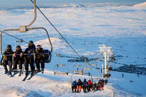 Skiers in Mt Bláfjöll.