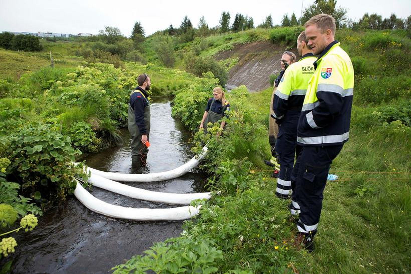 Slökkvilið höfuðborgarsvæðisins vinnur að því að hreinsa olíu úr Grafarlæk …