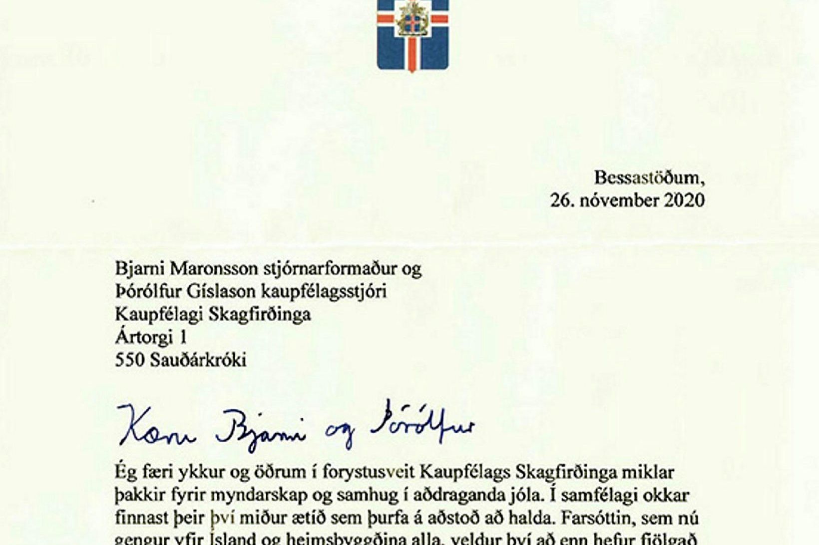 Þakkarbréf forseta til Kaupfélags Skagfirðinga og starfsmanna þess.