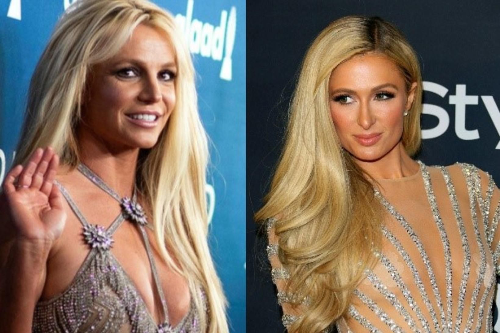 Paris Hilton stendur með vinkonu sinni Britney Spears.