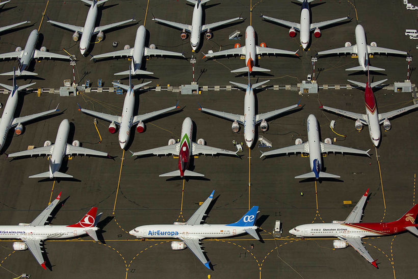 Kyrrsettar farþegaþotur af gerðinni Boeing 737 MAX í Seattle í …