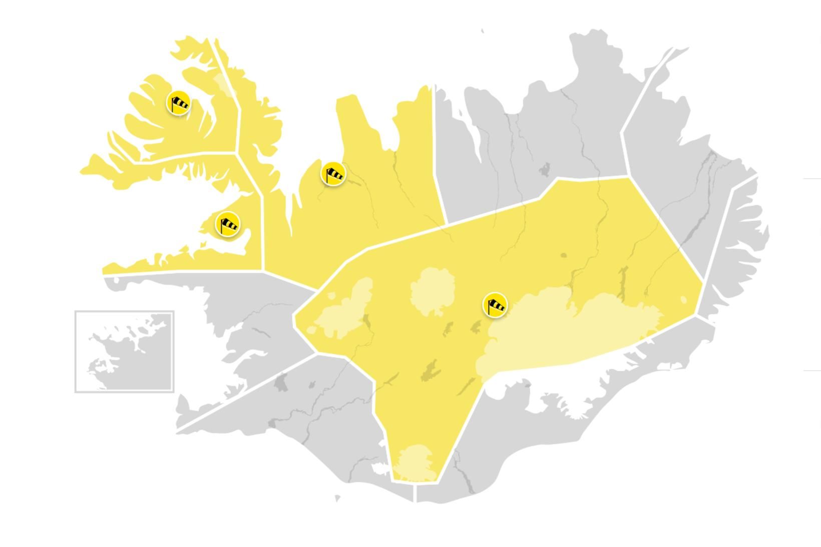 Gular viðvaranir verða í nokkrum landshlutum.