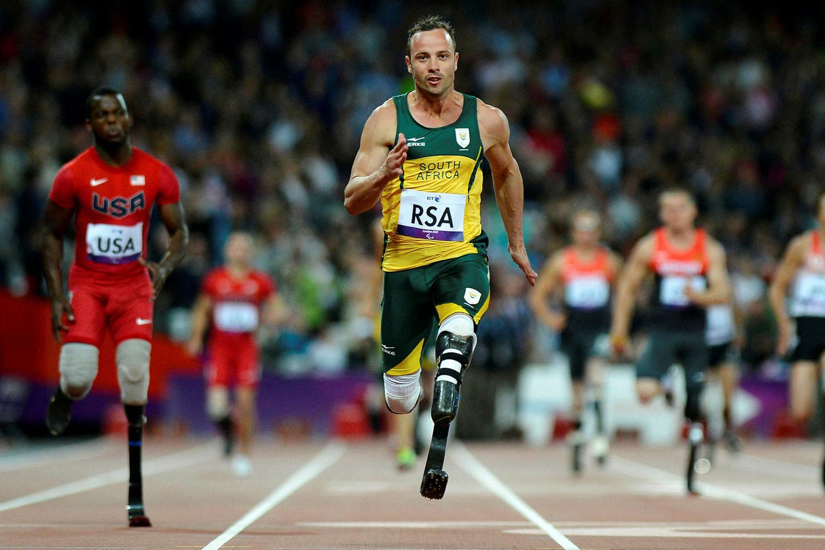 Oscar Pistorius við keppni á Ólympíumóti fatlaðra í Lundúnum árið …