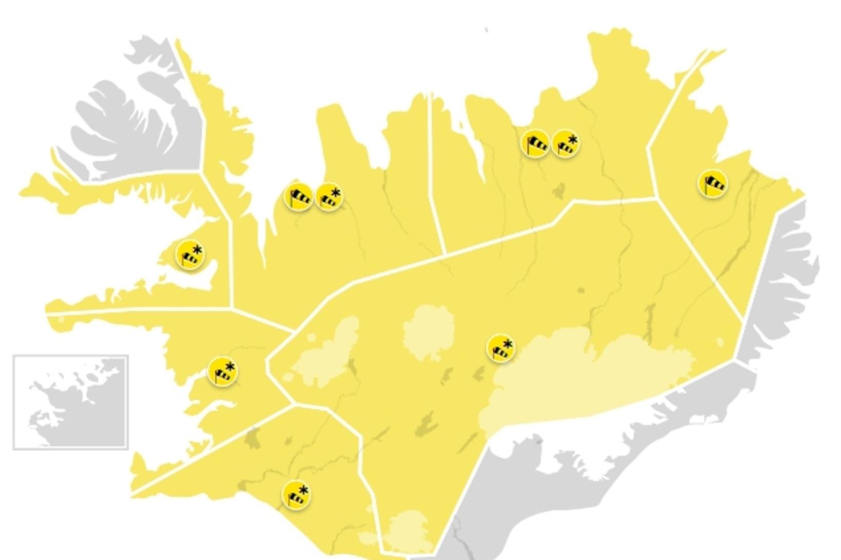 Gular viðvaranir vegna hríðar og storms