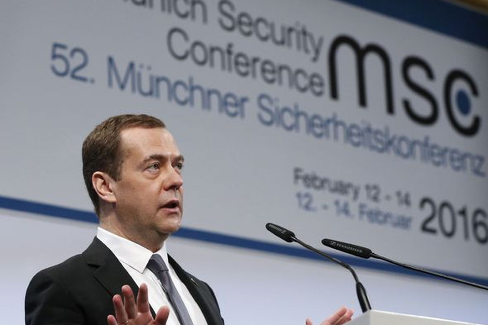Dmitry Medvedev, forsætisráðherra Rússlands, á öryggisráðstefnunni fyrr í dag.