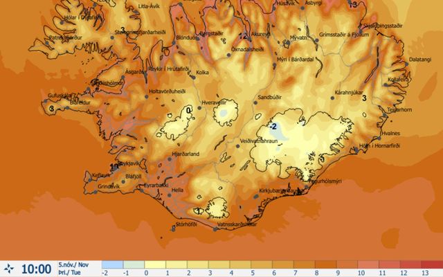 Hitaspáin á landinu kl. 10 í dag.