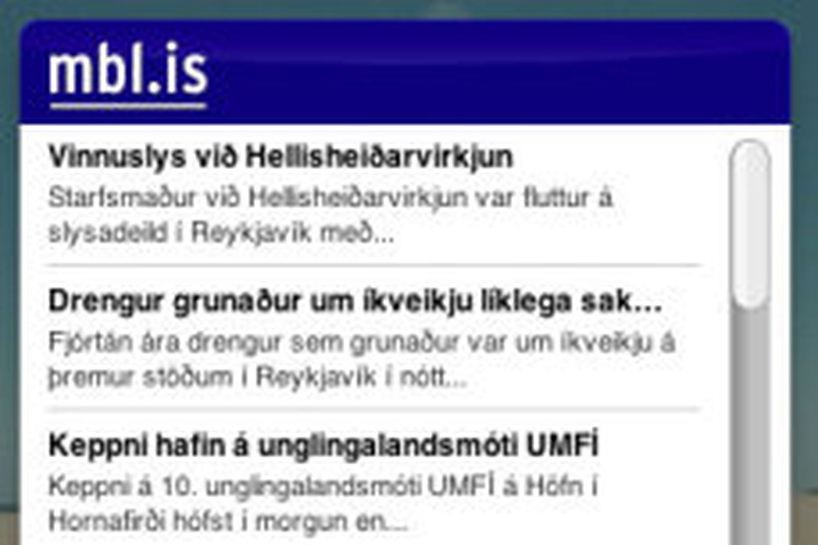 Dashboard einingin sýnir nýjustu fyrirsagnir mbl.is á skjáborði tölvunnar
