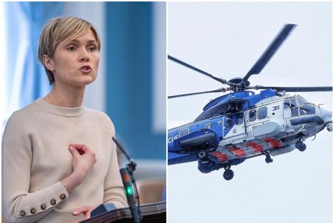 Samsett mynd af Kristrúnu og þyrlu Landhelgisgæslunnar.